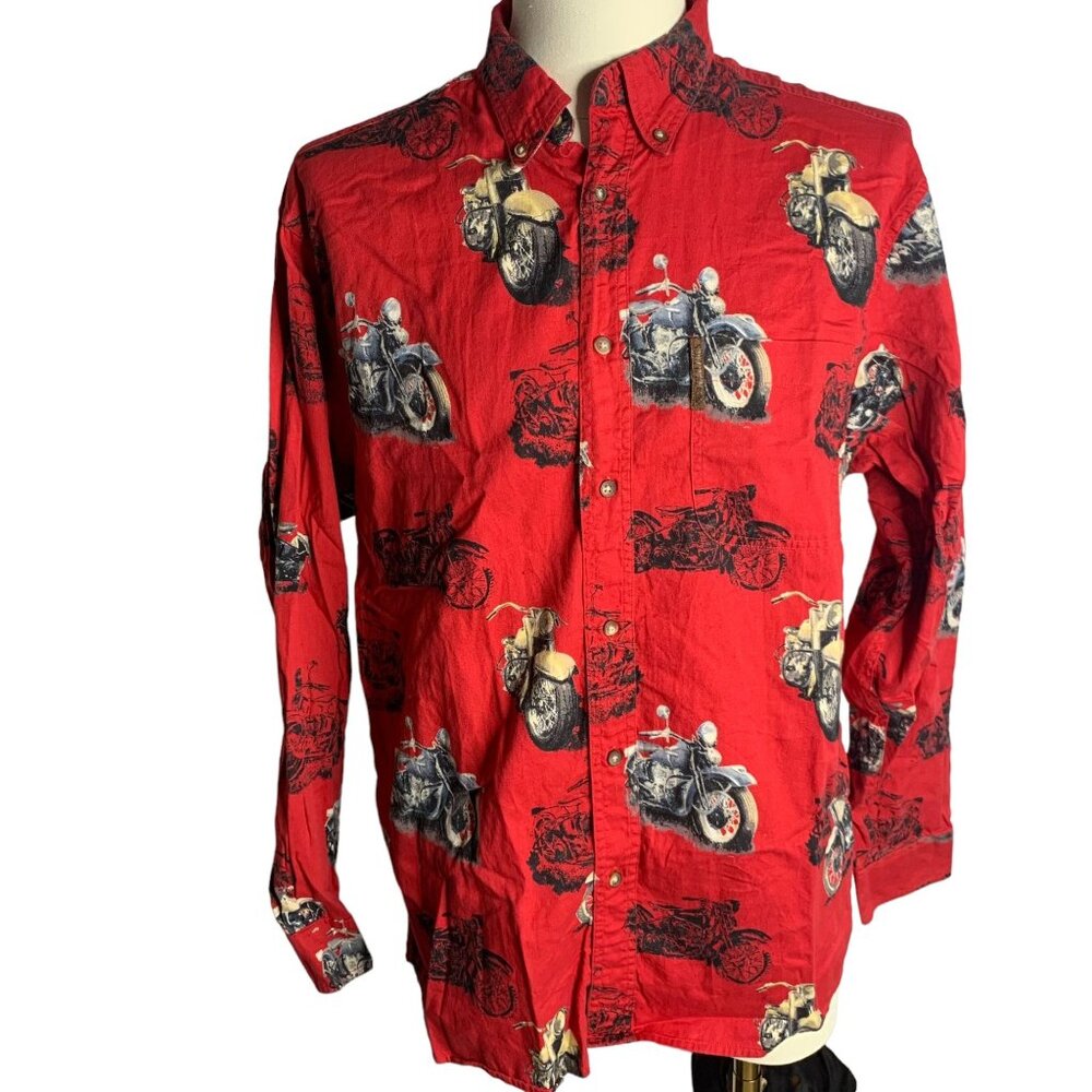 North River Button Down Motorcycle Shirt M Red Long Sleeve Soft Cotton Pocket